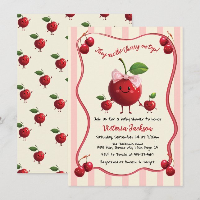 Mami und Zwillingsjungen Baby Cherry Baby Shower Einladung (Vorne/Hinten)