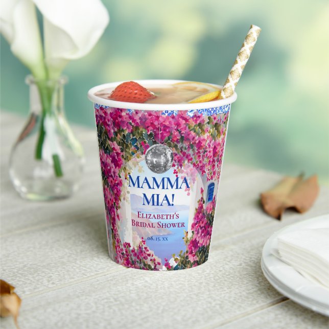 Mamma Mia Greek Blue Tiles Pink Flowers Disco Ball Pappbecher (In Situ)