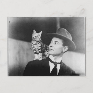 Man and cat black and white postcard postkarte
