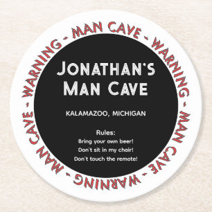 Man Cave Round Untersetzer Funny Alert & Rules