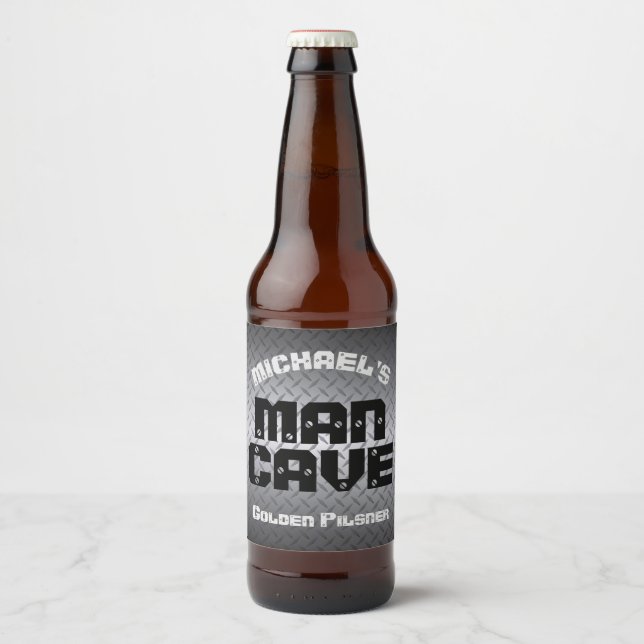 Man Cave Steel Diamondplate Bierflaschenetikett (Vorderseite)