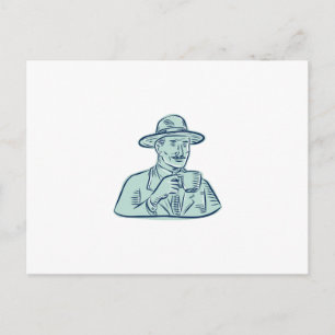 Man Fedora hat Kaffee trinken Etching Postkarte