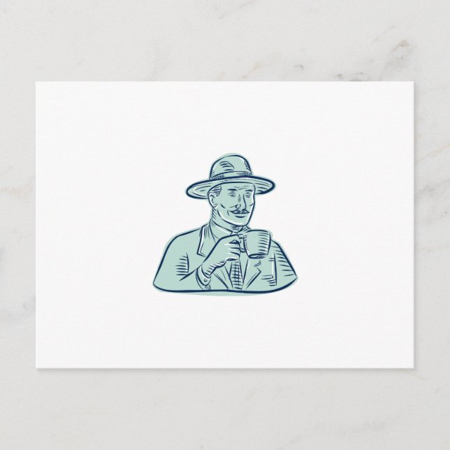 Man Fedora hat Kaffee trinken Etching Postkarte (Vorderseite)