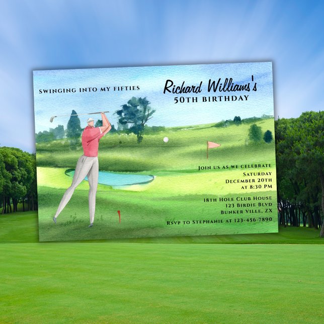 Man Golf Player Swinging Fifties 50th Birthday Einladung (Von Creator hochgeladen)