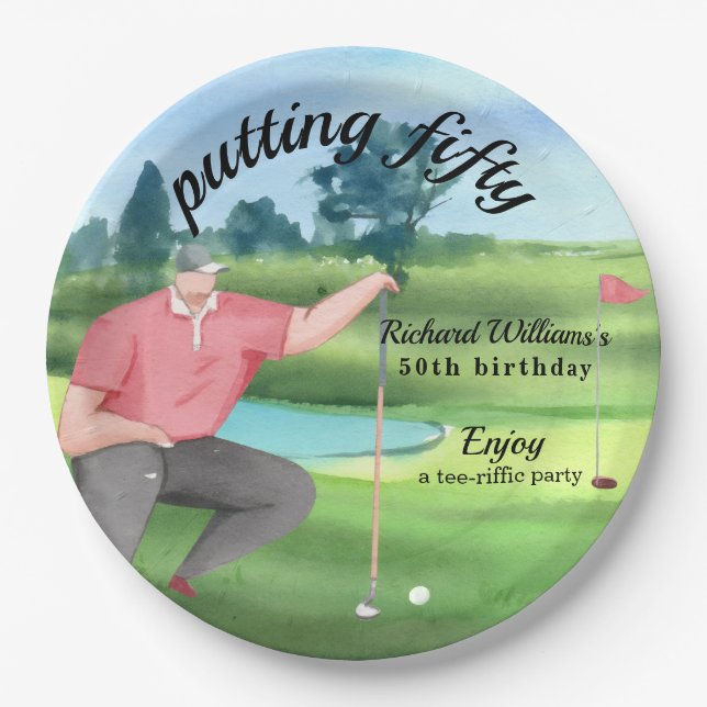 Man Golf Putting Fifty 50th Birthday Pappteller (Vorderseite)