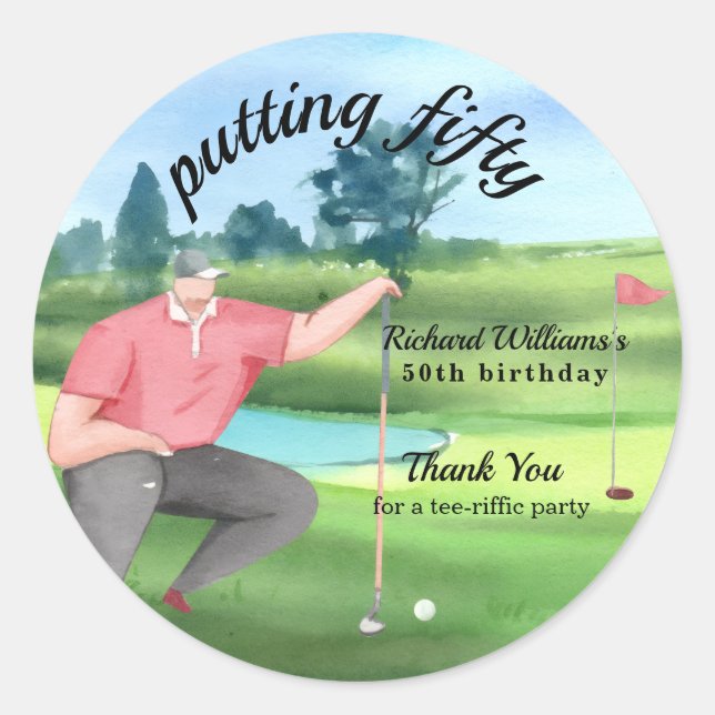 Man Golf Putting Fifty 50th Birthday Runder Aufkleber (Vorderseite)
