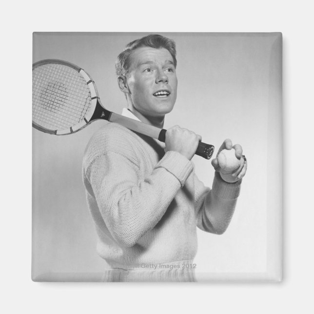 Man Holding Tennis Racket Magnet (Vorne)