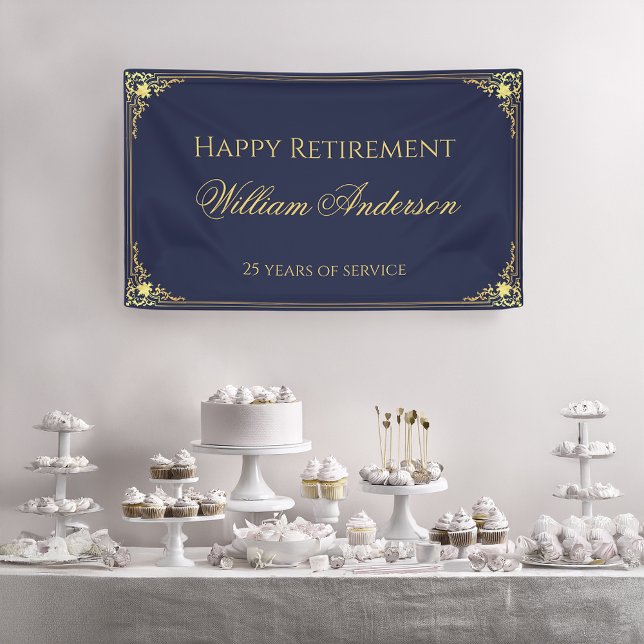 Man Retirement Party Navy Blue Gold Elegantes Skri Banner (Von Creator hochgeladen)