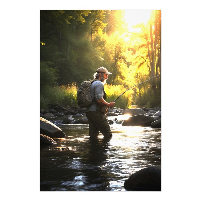 *~* Man Sun Fishing Stream Nature AP49 Fotodruck (Vorne)