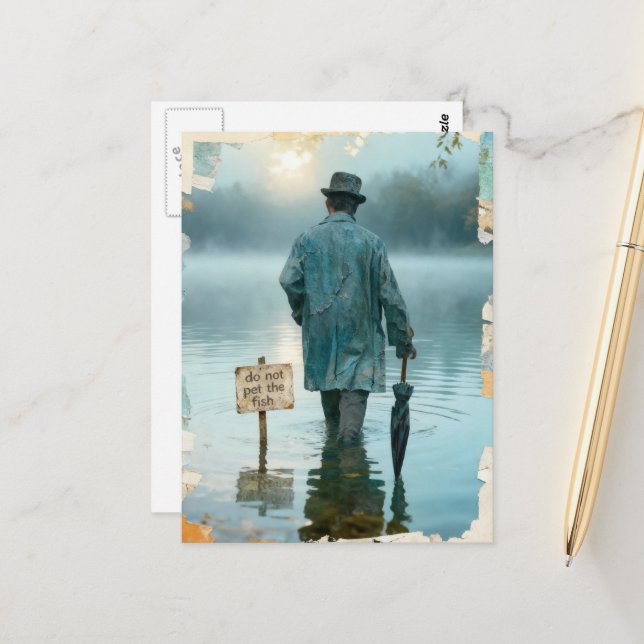 Man With Umbrella Do Not Pet the Fish Surreal  Postkarte (Vorderseite/Rückseite Beispiel)