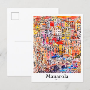 Manarola Italien Reisen Wasserfarben Handgezeichne Postkarte