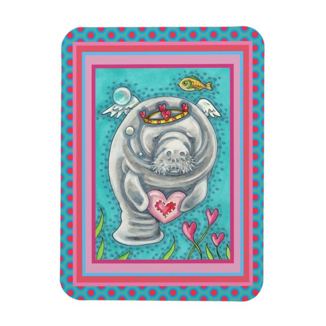 MANATEE CUPID, BUBBLES & HEARS FARBENFARBIGE VALEN MAGNET (Vertikal)