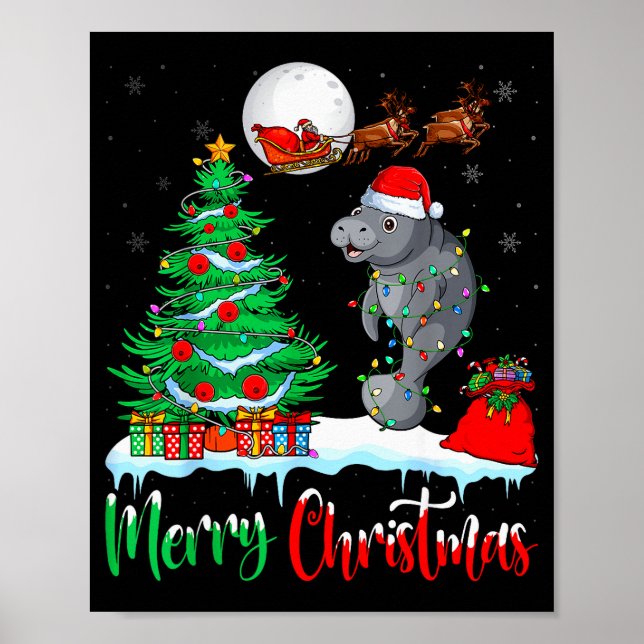 Manatee Santa Hat Xmas Tree Merry Christmas Manate Poster (Vorne)