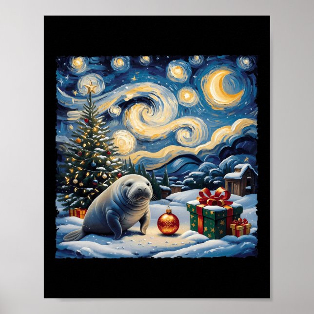 Manatee Van Gogh Style Starry Night Christmas Wint Poster (Vorne)