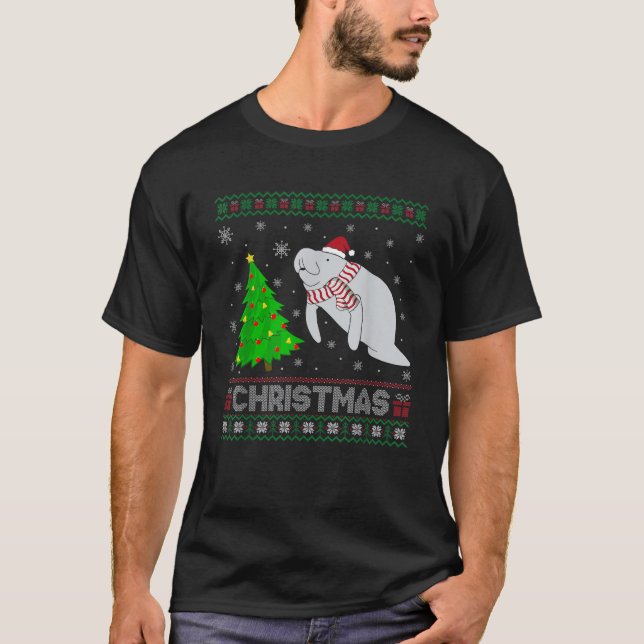 Manatee Xmas Tree Lighting Ugly Christmas Sweater T-Shirt (Vorderseite)