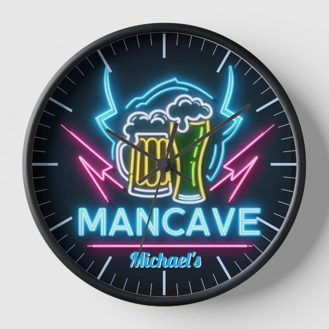 Mancave Bar Clock Neon Beer Individuelle Name Vate Uhr (Vorderseite)