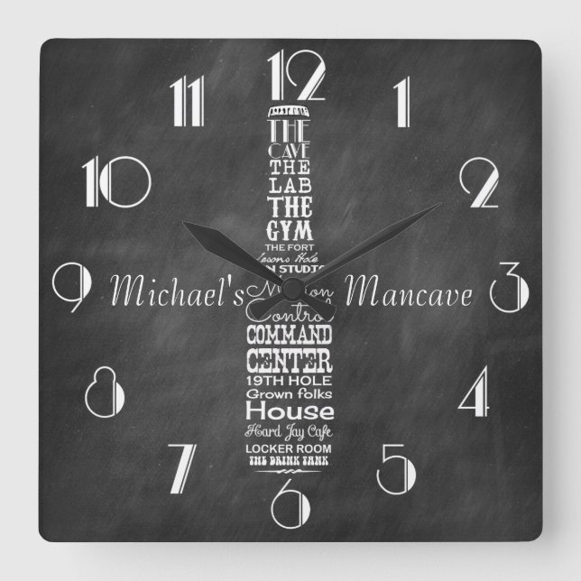 Mancave Blackboard Retro Chalk Personalisiert Quadratische Wanduhr (Vorderseite)