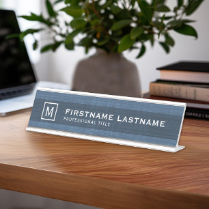 Manche Linen sehen mit Name Title Monogram - Blau Schreibtischnamensplakette