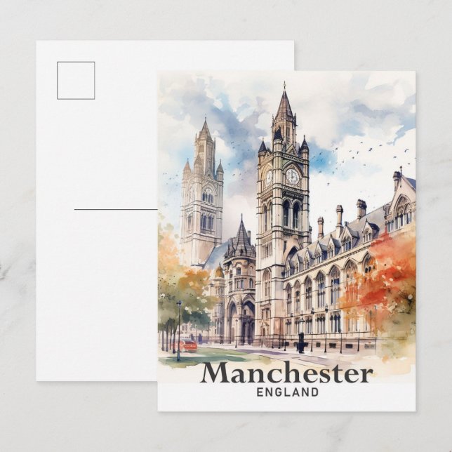 Manchester England Watercolor Painting Travel Postkarte (Vorne/Hinten)