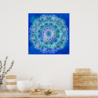 Mandala 12 Blue Aquamarin auf blauem Hintergrund -