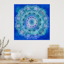 Mandala 12 Blue Aquamarin auf blauem Hintergrund -