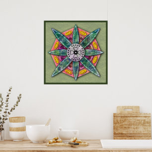 Mandala 8 grüne Blume Blätter auf Olivenplakat Poster