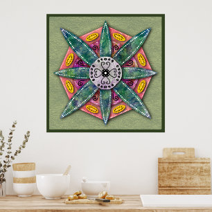 Mandala 8 grüne Blume Blätter auf Olivenplakat Poster