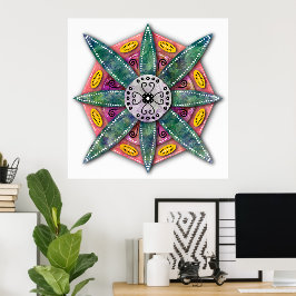 Mandala 8 grüne Blütenblätter auf roten Blume Poster