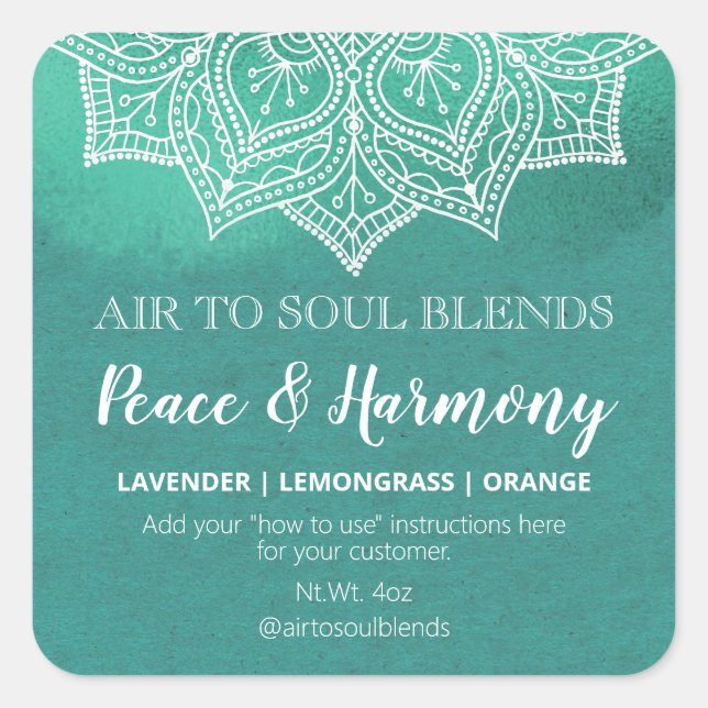 Mandala Aquamarin mit Blend-Labels für weißen Text Quadratischer Aufkleber (Vorderseite)