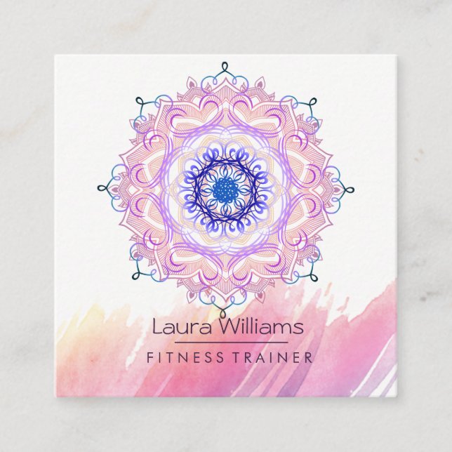 Mandala-Aquarell-Rosa-Lotus-Yoga-Lehrer Quadratische Visitenkarte (Vorderseite)