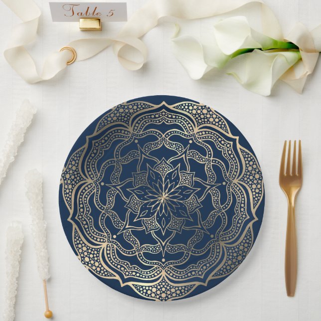 Mandala Art Boho Elegant Gold Navy Blauer Weihnach Pappteller (Hochzeit)