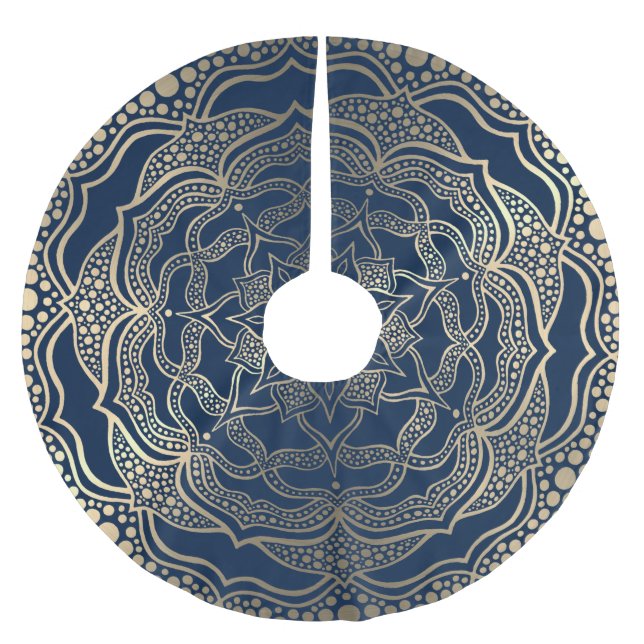 Mandala Art Boho Elegant Gold Navy Blauer Weihnach Polyester Weihnachtsbaumdecke (Vorderseite)