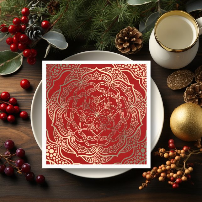 Mandala Art Boho Elegante Gold Dark Red Christmas Serviette (Von Creator hochgeladen)