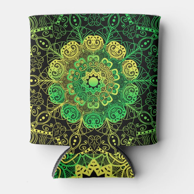 Mandala Art: Grüngelbe Details. Dosenkühler (Vorderseite)