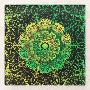 Mandala Art: Grüngelbe Details. Glasuntersetzer