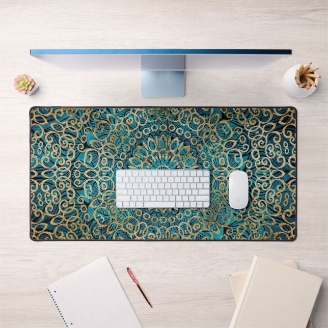 Mandala Art Zen Turquoise Bleu Et Gold Classy Élég (Bureau 1)