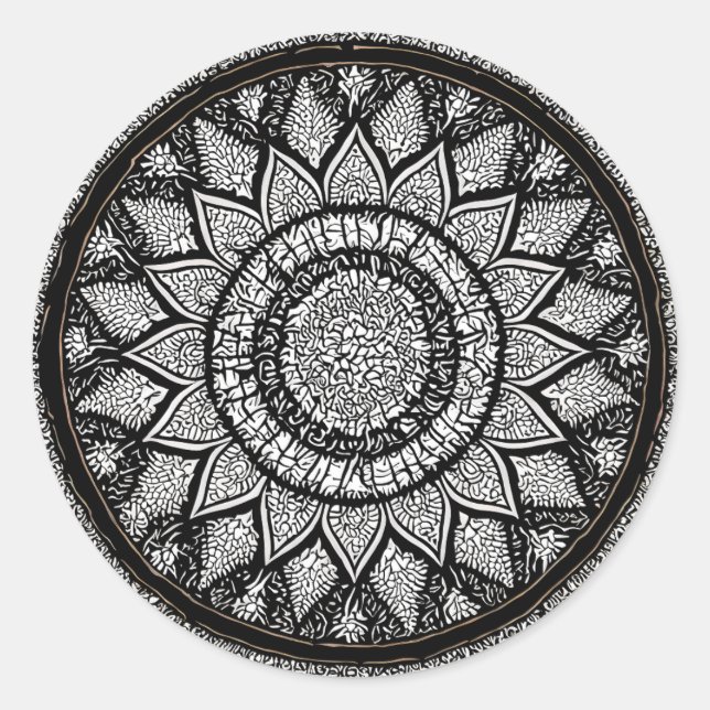 MANDALA ARTS - SCHWARZ UND WEISS - BLUME STIL RUNDER AUFKLEBER (Vorderseite)