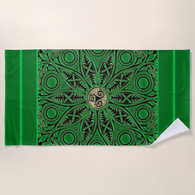 Mandala-Badetuch Iren-Kelly grünes Triskele Strandtuch (Vorderseite)