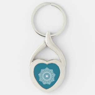 Mandala blanc sur fond bleu Porte-clés en métal