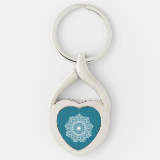 Mandala blanc sur fond bleu Porte-clés en métal