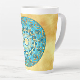 Mandala blau-gold auf weichem goldenen Hintergrund Milchtasse