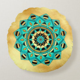 Mandala Blau Gold Schwarz auf weichem Goldhintergr Rundes Kissen
