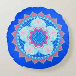 Mandala Blau Pink auf blauem Hintergrund Rundes Kissen
