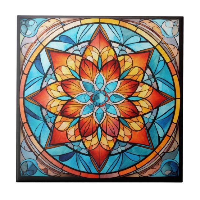 Mandala Blue und Orange Keramik Tile Fliese (Vorderseite)