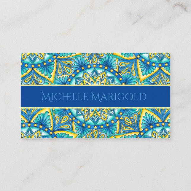 Mandala Blue Yellow Floral Yoga Instructor Visitenkarte (Vorderseite)
