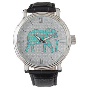 Mandala Blume Elefant - Türkis, Grau und Weiß Armbanduhr