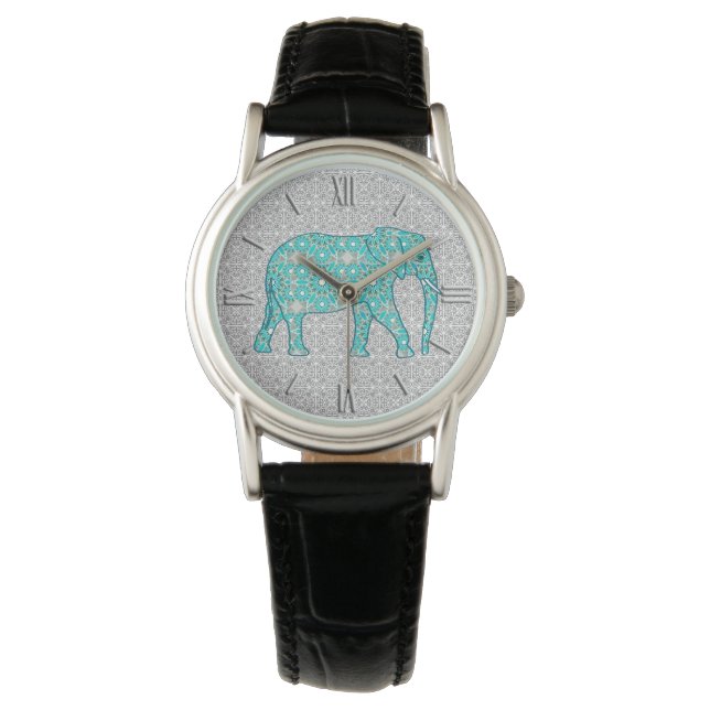 Mandala Blume Elefant - Türkis, Grau und Weiß Armbanduhr (Vorderseite)