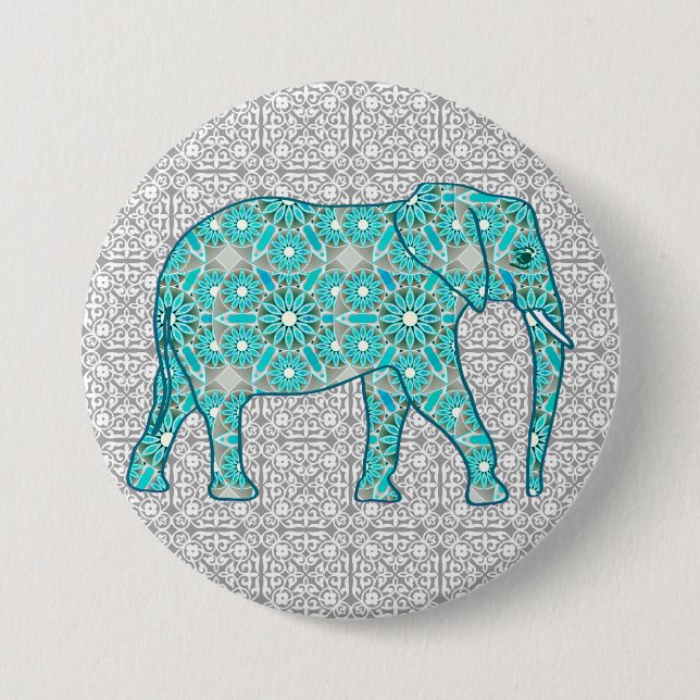 Mandala Blume Elefant - Türkis, Grau und Weiß Button (Vorderseite)