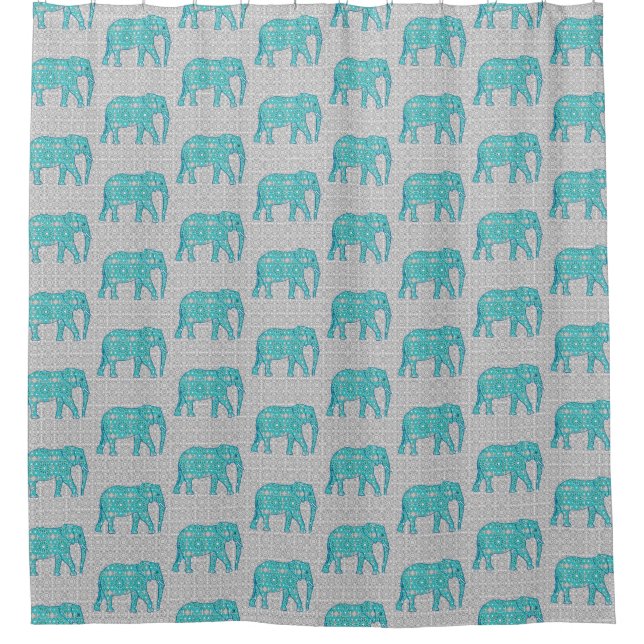 Mandala Blume Elefant - Türkis, Grau und Weiß Duschvorhang (Vorderseite)