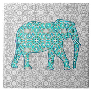 Mandala Blume Elefant - Türkis, Grau und Weiß Fliese